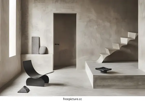 Modern Concrete Interior Design with Curved Staircase and Unique Chair
