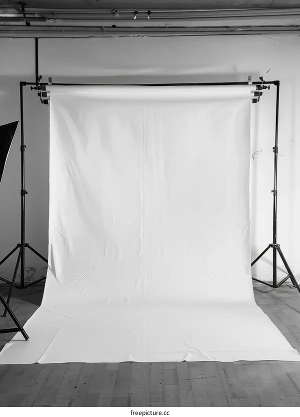 A photo studio with a large white backdrop and lighting equipment