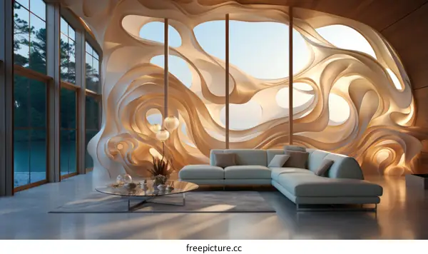 Modern interior design living room with large windows and curved wall