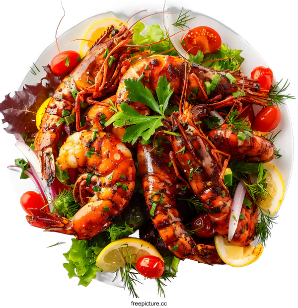 [Transparent Background PNG]grilled tiger prawns with lemon and herbs