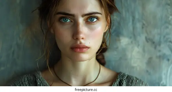 portrait of a beautiful young woman with freckles and blue eyes