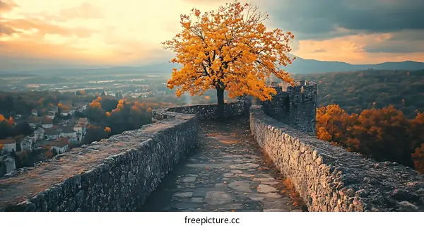 Autumn Tree on Stone Pathway Inside Ancient Castle Walls