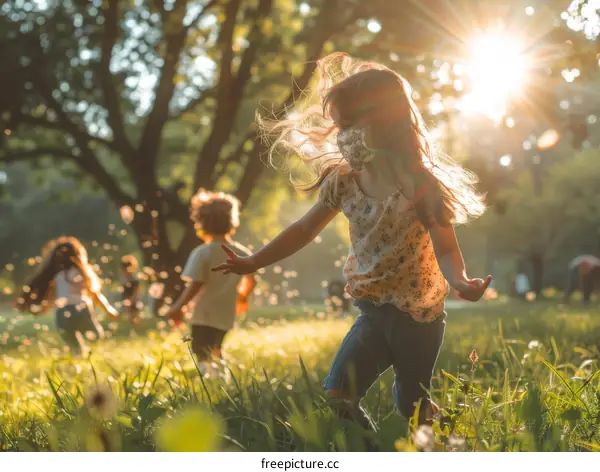 carefree children frolic in a sunlit meadow