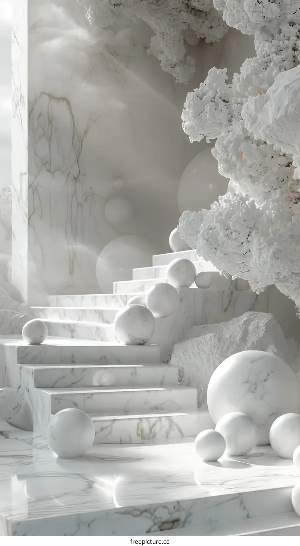 White Marble Staircase with Decorative Spheres