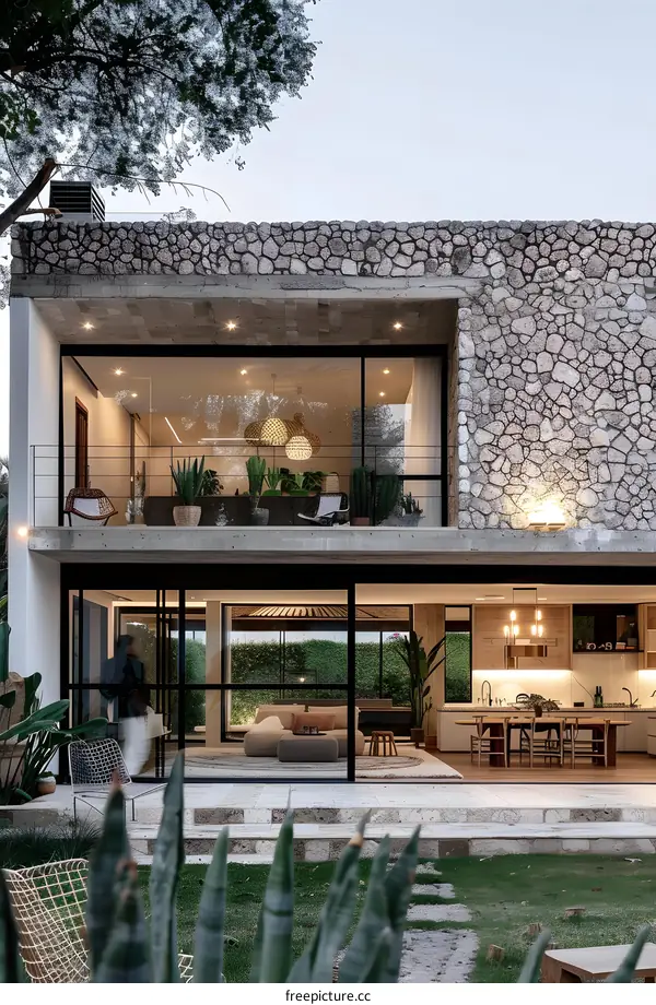 Modern Stone House with Large Windows and Patio