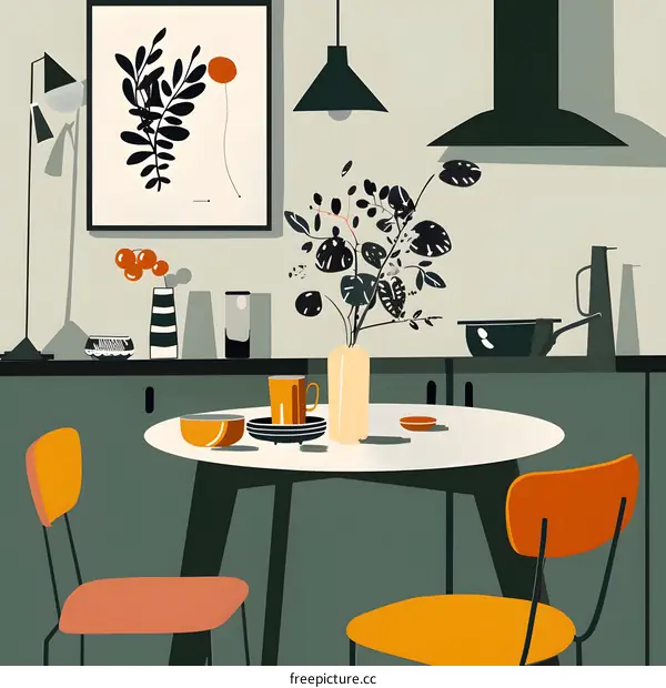 Modern Kitchen Interior Design With Green Cabinets And A Round Dining Table