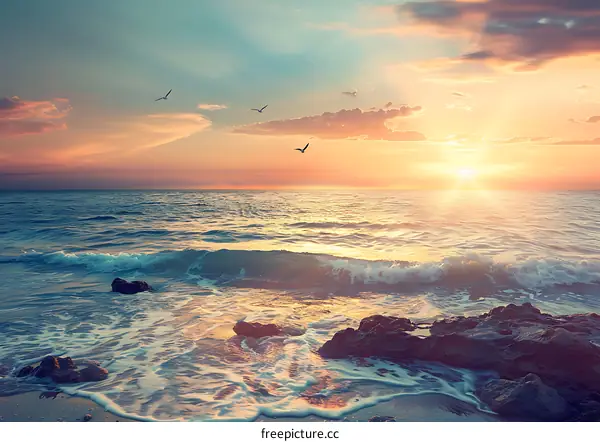 Seascape with Sunset and Seagulls