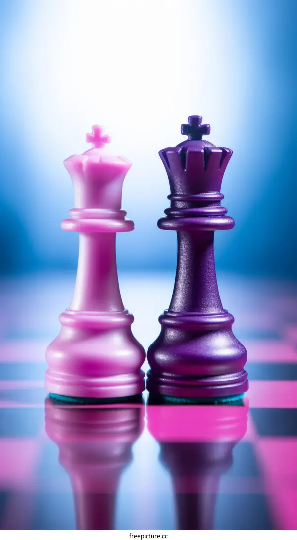 Purple and pink chess pieces on a chessboard