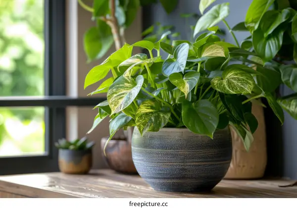 A Potted Plant Sits on a Wooden Table Near a Window