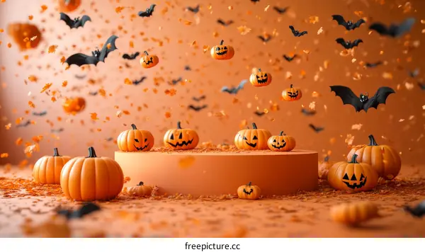 Halloween Pumpkins and Bats in Orange Background