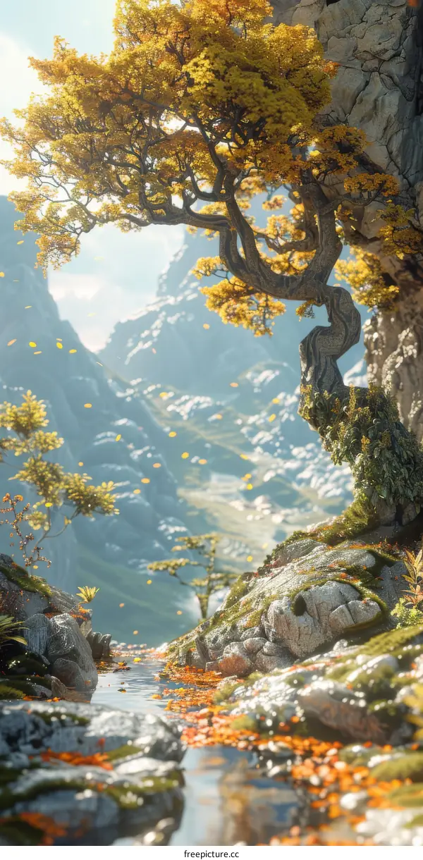 Autumnal Mountain Stream Landscape Illustration