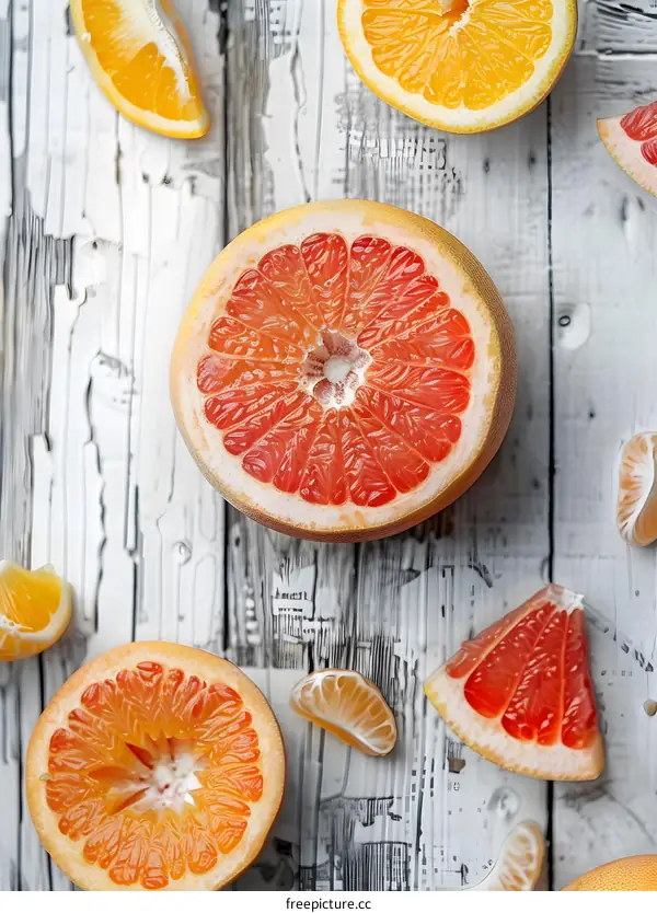 Fresh Grapefruit Slices on White Wooden Background
