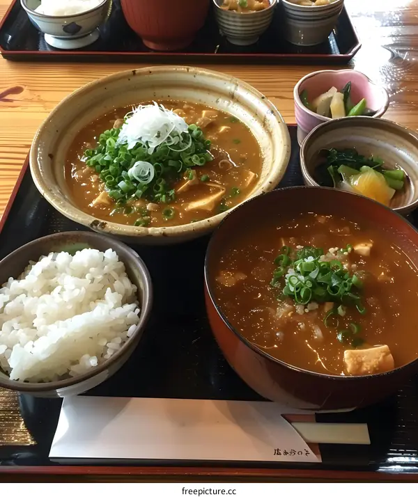 A delicious Japanese meal with rice, soup, and pickles