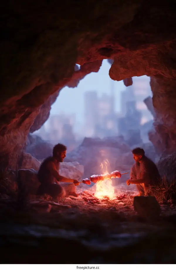 Prehistoric People Cooking Meat by Fire Cave Illustration