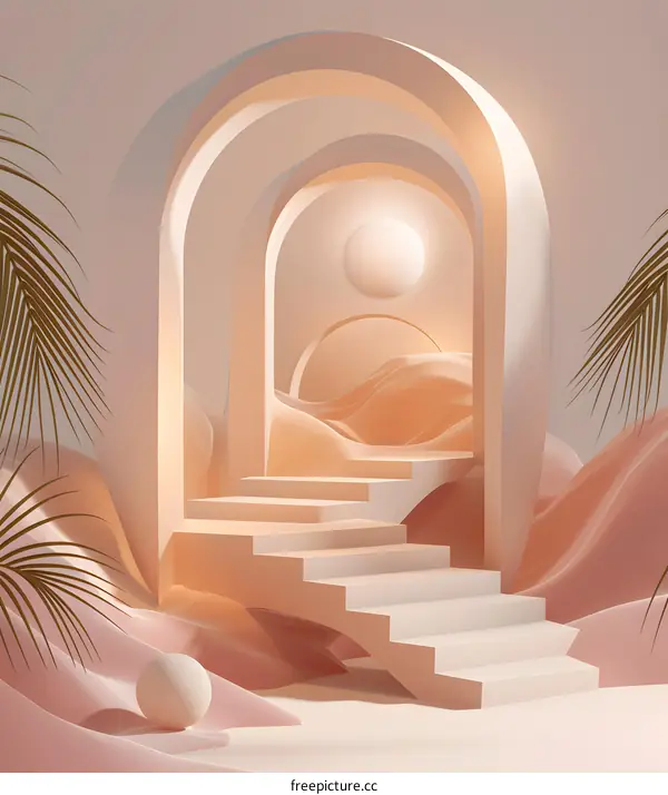 Abstract Archway with Stairs and Pink Dunes 3D Illustration
