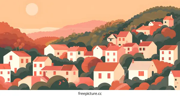 Colorful Illustration of a Town with Houses and Trees