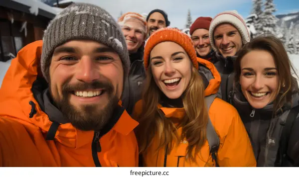 A group of friends on a winter holiday take a selfie together