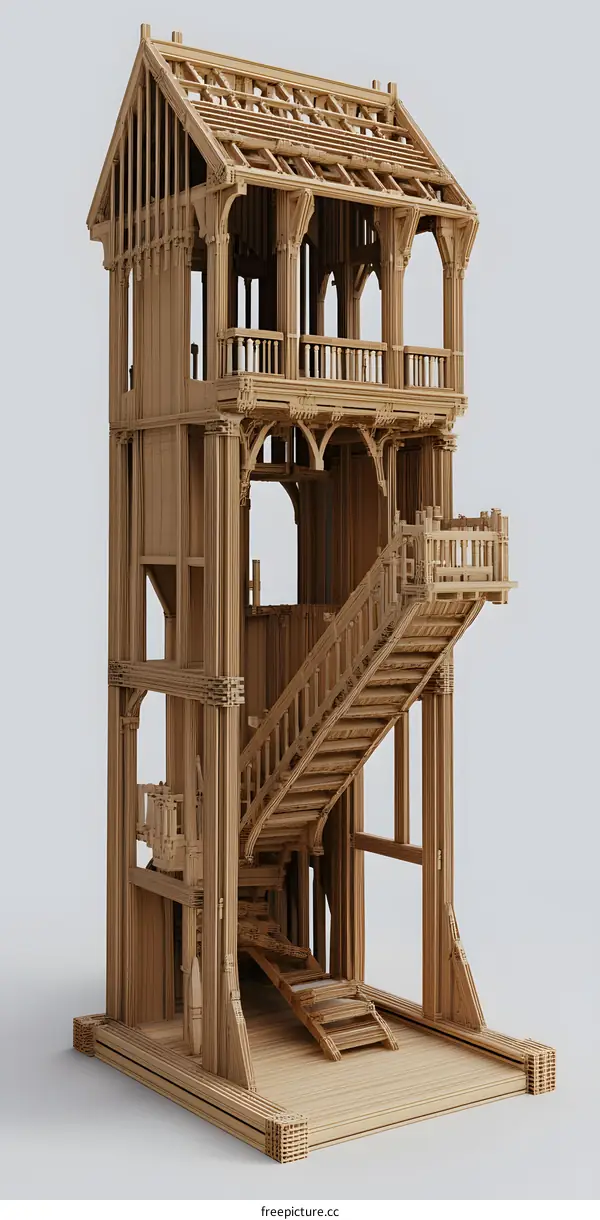 Wooden Structure Building Model with Stairs and Roof