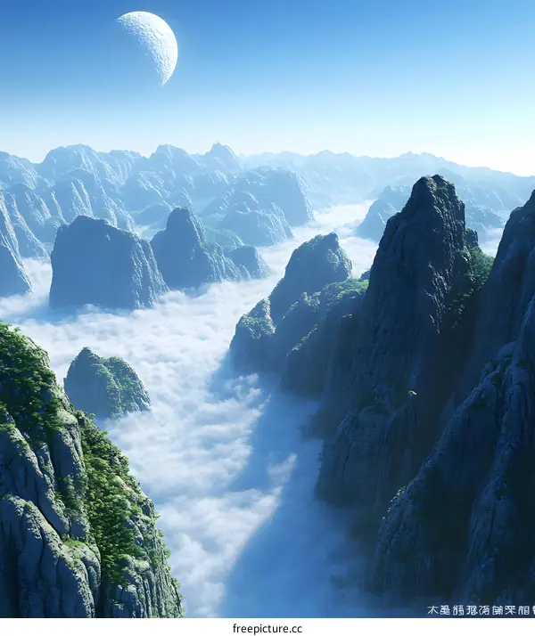 Mountain Ranges with Clouds and Moon