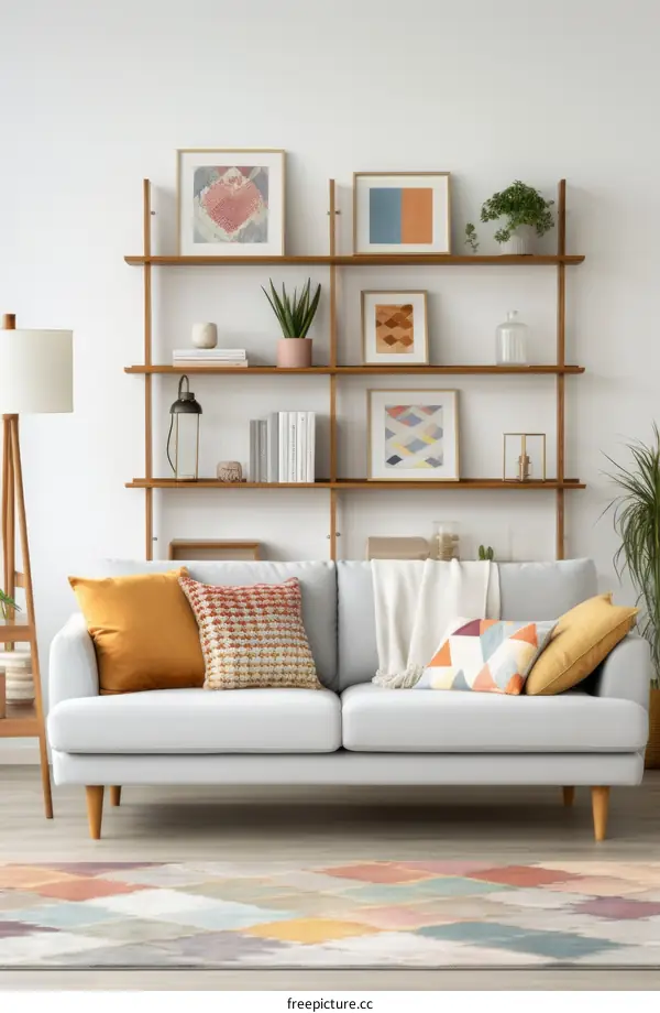 A living room with a sofa, a rug, and a shelf