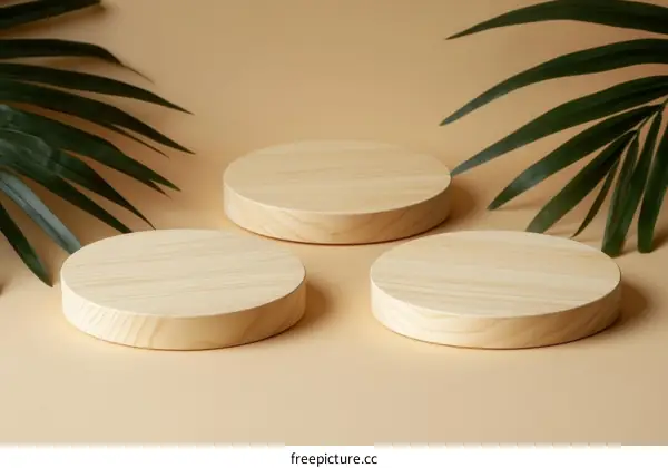 Minimalist Wooden Display Stands with Tropical Leaves