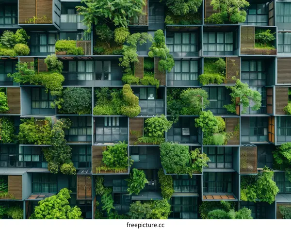 The green architecture of a residential building covered with plants