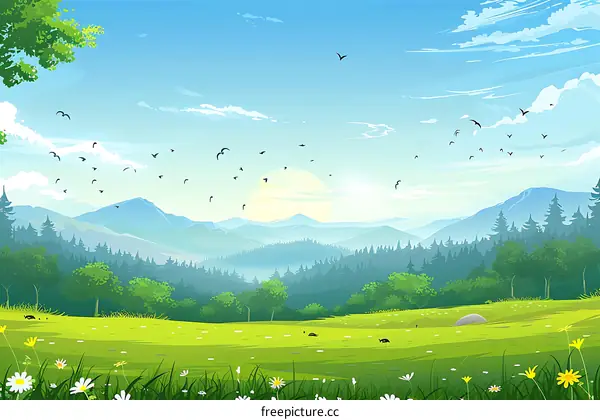 Beautiful Landscape Illustration of Green Fields and Mountains