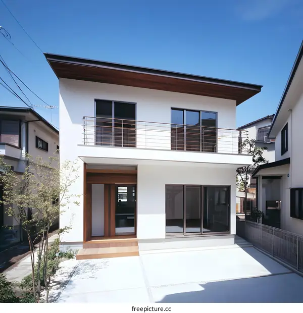 Modern White Two Storey House with Balcony and Wooden Door
