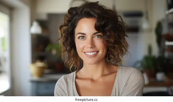 Portrait of a smiling young woman with curly brown hair and green eyes