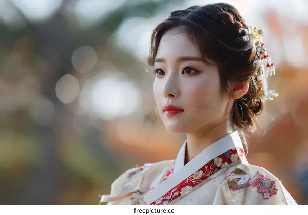 Beautiful Woman in Traditional Korean Hanbok Dress