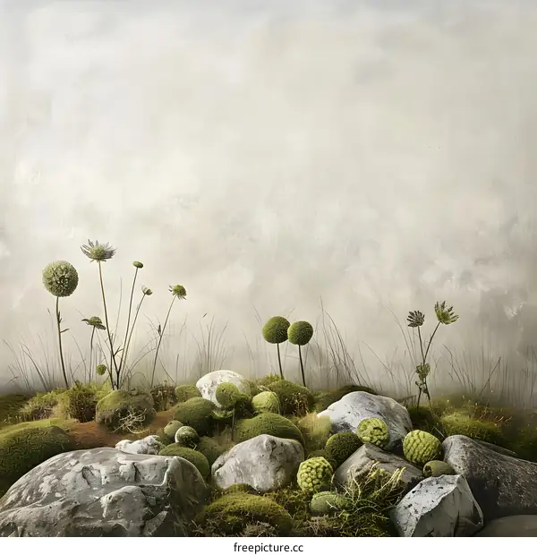 Green Moss and Rocks with Greenery Against a White Wall Background