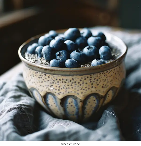 Blueberry Chia Seed Pudding in a Ceramic Bowl