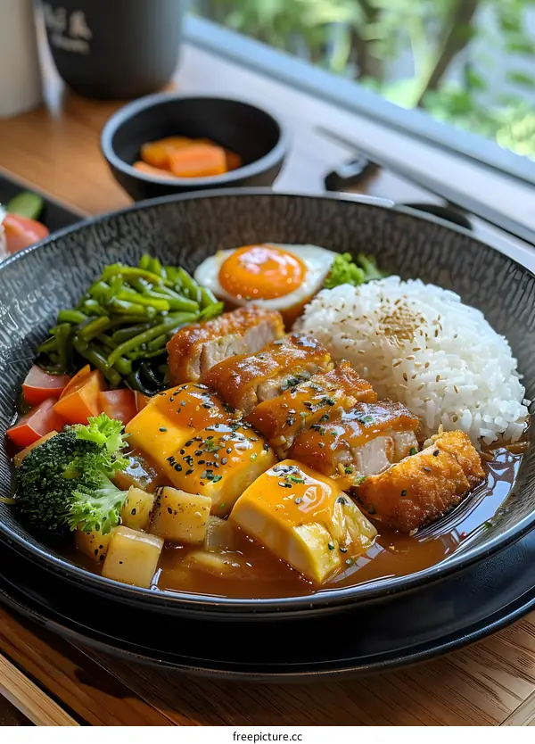 Japanese curry rice with fried pork chop and tofu