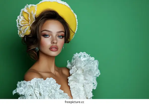 Elegant Woman in a Yellow Hat and Lace Dress