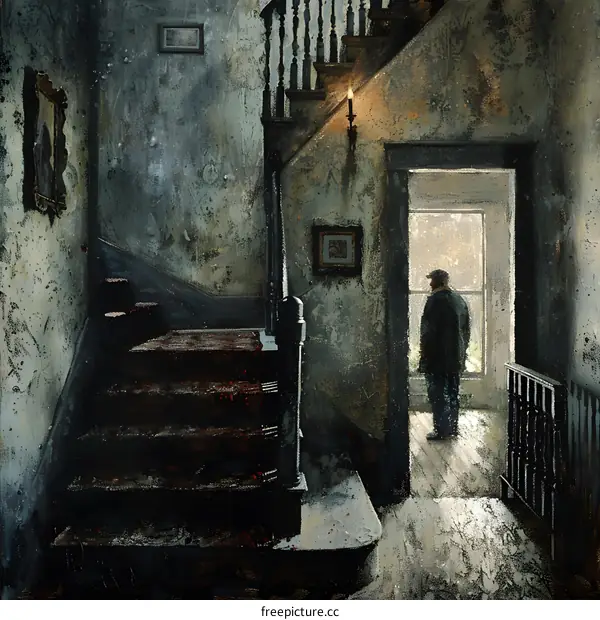 Man Standing in Doorway Looking Out Window at Staircase