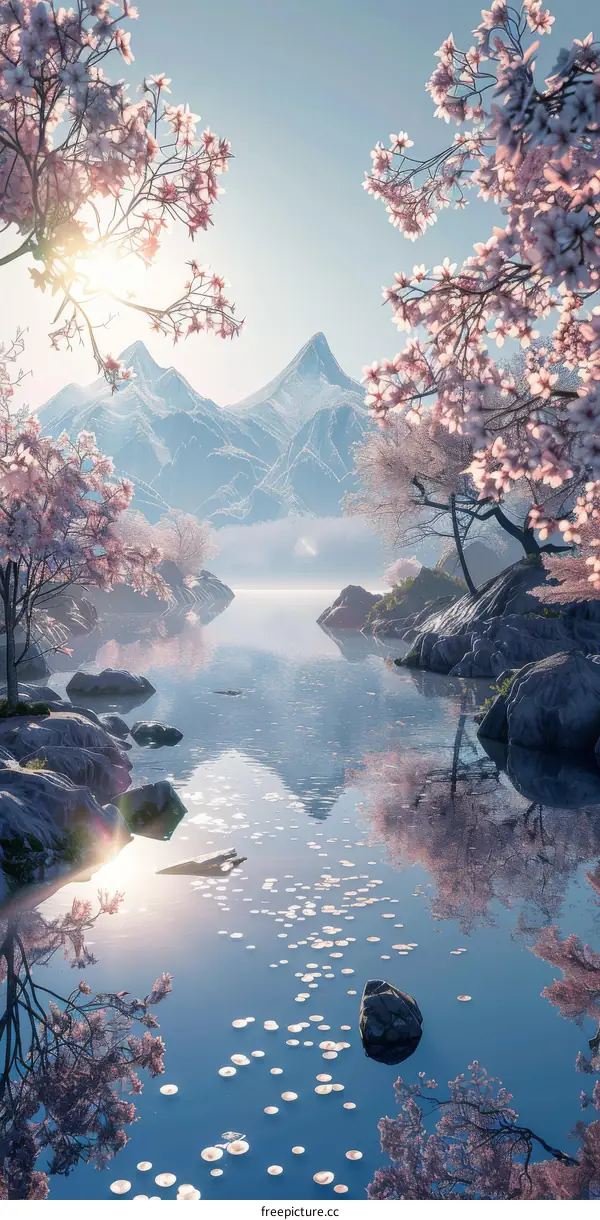 Mountain Lake with Cherry Blossoms in Spring