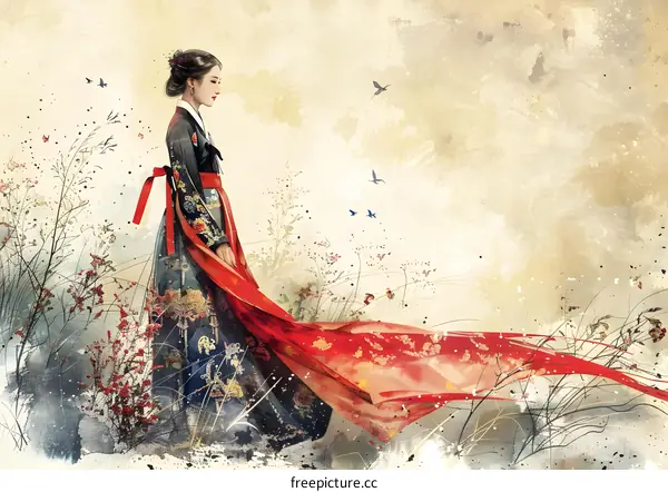 A Korean woman in traditional dress walks through a field of flowers.
