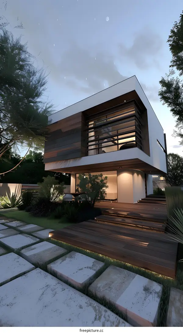 Modern House Design with Wooden Deck and Stone Path