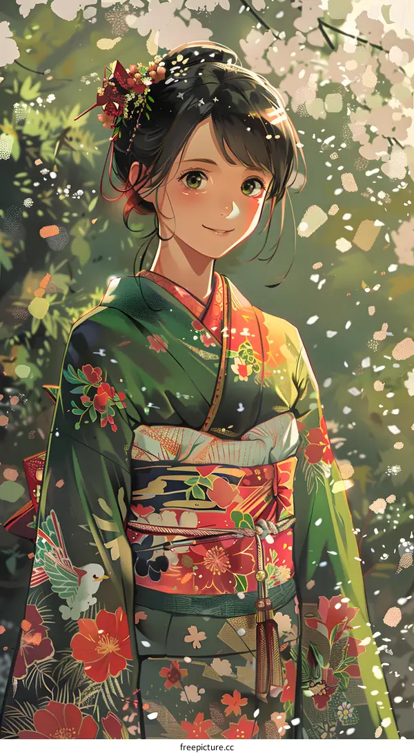 Japanese Woman in a Green and Red Kimono with Cherry Blossoms