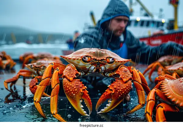 A fisherman holds a large crab in his hands while standing on a boat in the rain.
