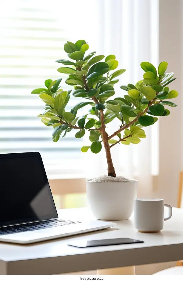 A small indoor plant sits on a desk next to a laptop and a coffee cup.