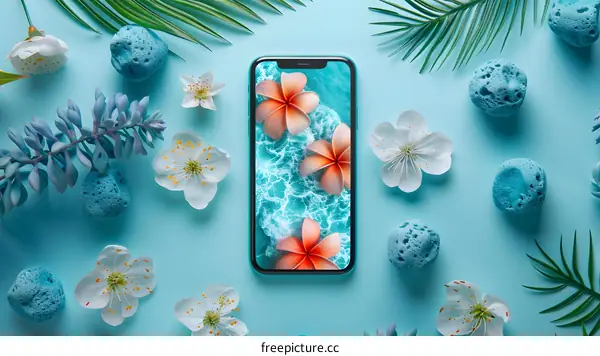 Flat Lay Phone with Tropical Flowers and Blue Stones