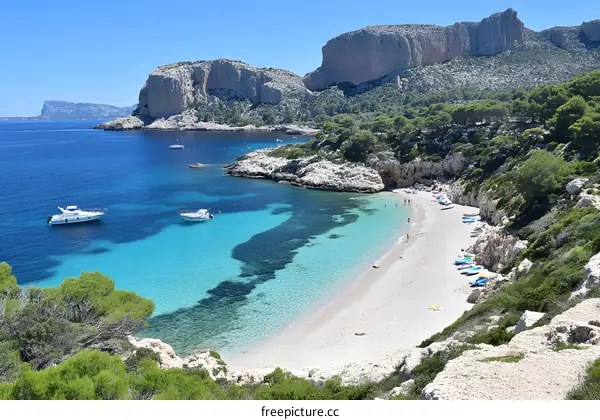 Aerial View of a Secluded Beach with Clear Blue Water and Boats