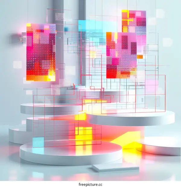 Abstract 3D rendering of a futuristic cityscape with geometric shapes and bright colors