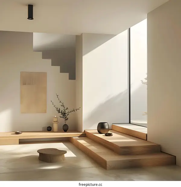 Minimalist Japanese Style Interior Design with Wooden Steps and Sunlight