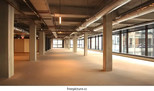 Empty Office Space with Concrete Pillars and Large Windows