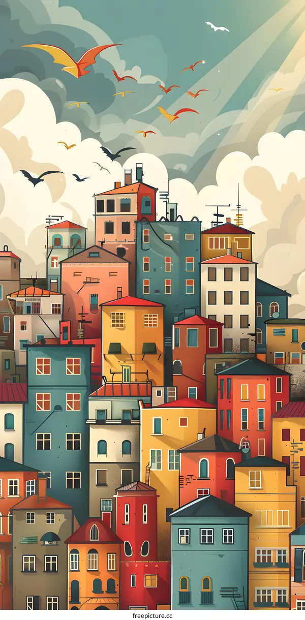 Colorful Cityscape Illustration with Birds Flying Over