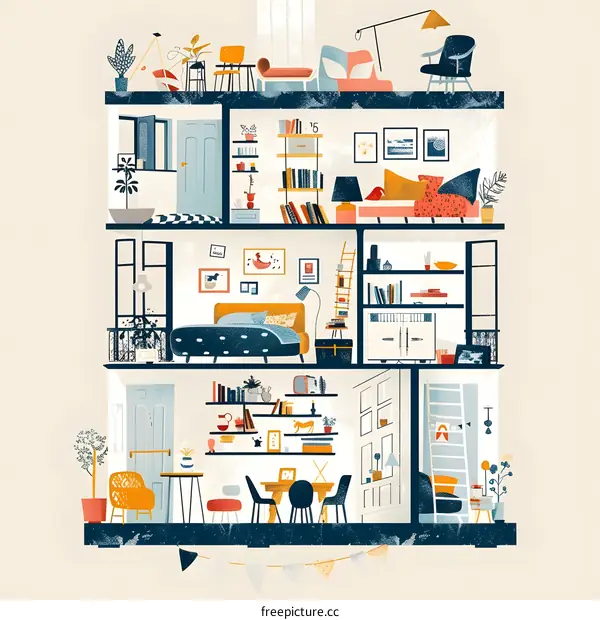 Interior Design Illustration of a Modern Apartment with Detailed Rooms