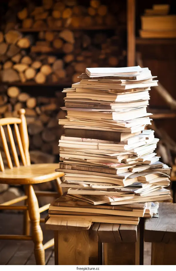 Stack of old books and magazines in a wooden chair
