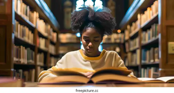 Young African American woman reading a book in a library